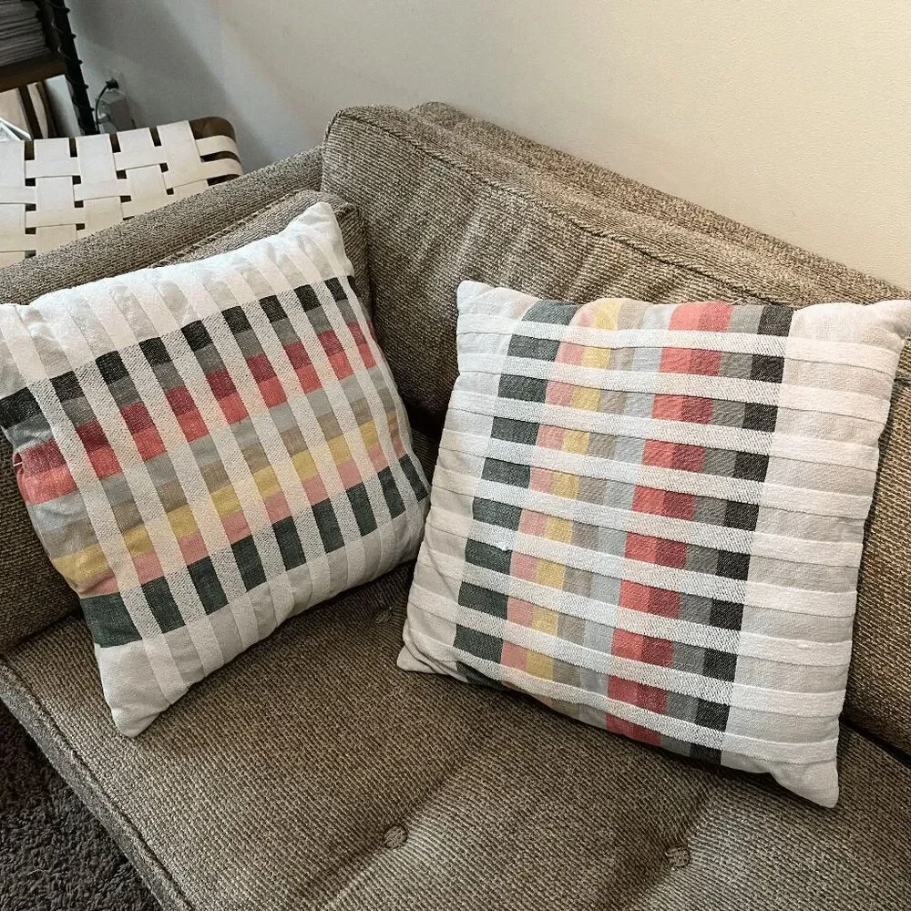 Set 2 Modern Woven Throw Pillows 18x18 Multicolor Grid Pattern Scandi MCM